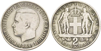 Греция 2 драхмы 1966 Константин II (1966-1973) KM 90 медно-никель 210-926