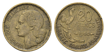 Франция 20 франков 1950 петух, полная надпись, 3 пера KM 916.1, Le Franc 401.2 алюминиевая бронза 4673-1147