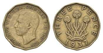 Великобритания 3 пенса 1937 Георг VI (1936-1952) KM 849, Spink 4112 никель латунь    4660-652