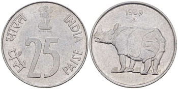 Индия 25 пайсов 1989 точка, носорог KM 54 нержавеющая сталь 100-221