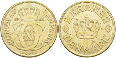 Дания 2 кроны 1925 HCN; GJ, Кристиан X (1912-1947) KM 825.2 алюминиевая бронза 4111-435