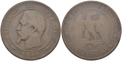 ФРАНЦИЯ 10 САНТИМОВ 1854 A, НАПОЛЕОН III (1852-1870) KM 771.1 бронза 114-723