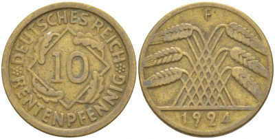 Германия 10 рентенпфеннигов 1924 F KM 33, J. 309, Weege 8 алюминиевая бронза 4539-1016