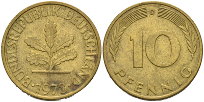 ФРГ 10 пфеннигов 1978 D KM 108, J.383 сталь плакированная латунью 4681-1142
