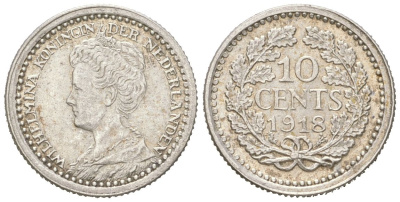 Нидерланды 10 центов 1918 Вильгельмина (1890-1948) KM 145 серебро 4151-748