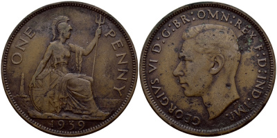 Великобритания 1 пенни 1939 Георг VI (1936-1952) KM 845, Spink 4114 бронза 540-511