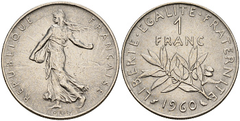 Франция 1 франк 1960 сеятель, первый год KM 925.1 никель    4153-435