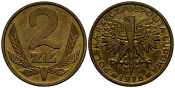 Польша 2 злотых 1976 Ленинградский монетный двор (ЛМД) KM 80.1, Parchimowicz 217b латунь 4177-811