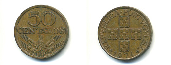 ПОРТУГАЛИЯ 50 СЕНТАВО 1974 KM 596 бронза 80-357