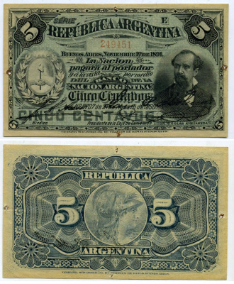 Аргентина 5 сентаво 1890 1 ноября 1891, серия Е, Николас Авельянеда Pick 209 бумага аUNC 451-158-1