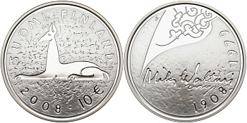 Финляндия 10 евро 2008 Мика Валтари, писатель KM 142 серебро  PROOF 11-114-23
