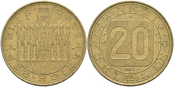 Австрия 20 шиллингов 1980 девять провинций Австрии KM 2946 алюминиевая бронза 189-1216