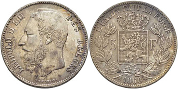 Бельгия 5 франков 1868 Леопольд II (1865-1909), ПОЗИЦИЯ А KM 24 серебро 5010-833