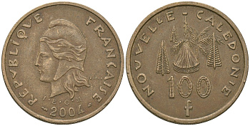 Французская Новая Каледония 100 франков 2004 хижина среди сосен и пальм, (IEOM) KM 15, Schoen 16, Lec 139h никель бронза 111-423