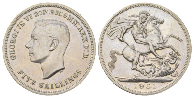 Великобритания 1 крона (5 шиллингов) 1951 Георг VI (1936-1952), фестиваль Британии, Георгий Победоносец KM 880, Spink 4111 медно-никель UNC 00-00