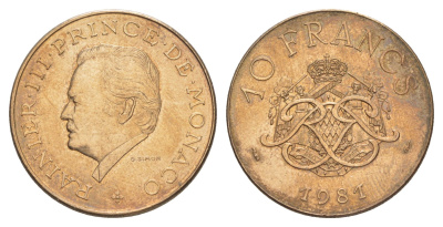 Монако 10 франков 1981 Ренье III (1949-2005) KM 154 медь алюминий никель UNC 4646-1211