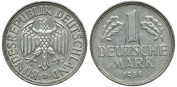ФРГ 1 МАРКА 1956 D KM 110, J. 385 медно-никель 72-634