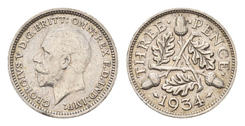 Великобритания 3 пенса 1934 Георг V (1910-1936) KM 831, Spink 4042 серебро 4669-357