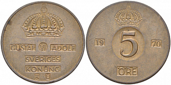 Швеция 5 эре 1970 U Густав VI Адольф (1950-1973) KM 822 бронза 175-1026