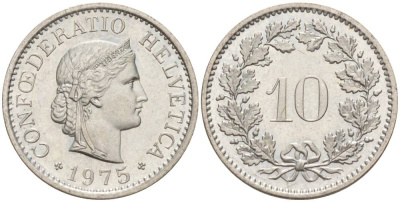 ШВЕЙЦАРИЯ 10 РАППЕНОВ 1975 KM 27 медно-никель 55-457