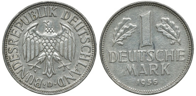 ФРГ 1 МАРКА 1956 D KM 110, J. 385 медно-никель 72-634