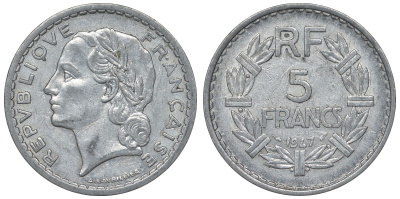 Франция 5 франков 1947 open 9 KM 888b.1, Le Franc 339.9 алюминий 4123-532