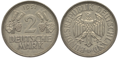 ФРГ 2 марки 1951 D J 386, KM 111 медно-никель плакированный никелем 1515-2341