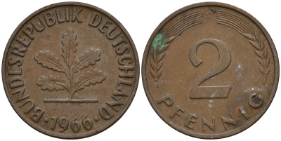 ФРГ 2 пфеннига 1966 D J.381  KM 106 бронза    4598-741