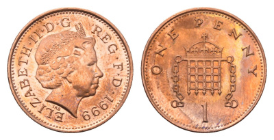 Великобритания 1 пенни 1999 Елизавета II (1952-2022) KM 986, Spink 4710 (B5) сталь плакированная медью UNC 4696-812