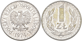 ПОЛЬША 1 ЗЛОТЫЙ 1974 MW KM 49.1 алюминий 106-527