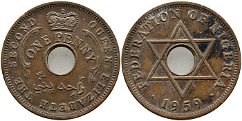 Нигерия 1 пенни 1959 Елизавета II (1952-), Британский протекторат KM 2 бронза 51-2647