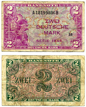 ФРГ 2 МАРКИ 1948 БЛОК 35, СЕРИЯ АВ, ВЫПУСК (20 МАЯ 1948 - 1 АПРЕЛЯ 1957) Pick 3а, Роземберг 234а бумага 2119-43-1-1