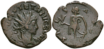 Римская Империя, императоры в Галлии антониниан 271 - 274 Тетрик II в ранге цезаря, C PIV ESV TETRICVS CAES, бюст цезаря / SPES AVGG, Спея, персонификация Мира, Августа Треверов RIC 270 биллон 1073-20-117