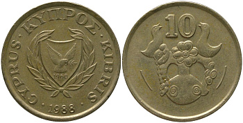 Кипр 10 центов 1988 KM 56.2 никель латунь 4380-253