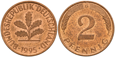ФРГ 2 пфеннига 1995 G J.381a, KM 106a сталь плакированная медью    4598-938
