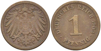 ГЕРМАНИЯ 1 ПФЕННИГ 1903 D KM 10, J. 10, Weege 2 медь 211-312