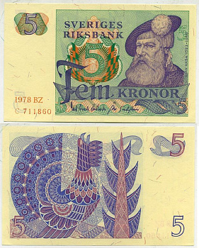 Швеция 5 крон 1978 BZ, Густав I Ваза Pick 51d бумага aUNC 444-103-1