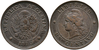 Аргентина 1 сентаво 1890 голова свободы влево KM 7 бронза 4525-1033