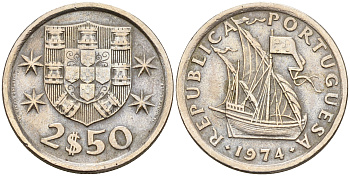 Португалия 2,5 эскудо 1974 парусник KM 590 медно-никель    4160-1215