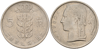 Бельгия 5 франков 1960 Belgie, Бодуэн I (1951-1993) KM 135.1 медно-никель    4187-254