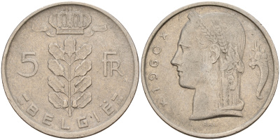 Бельгия 5 франков 1960 Belgie, Бодуэн I (1951-1993) KM 135.1 медно-никель    4187-254