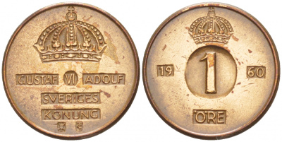 Швеция 1 эре 1960 TS, Густав VI Адольф (1950-1973) KM 820 бронза 4547-1047