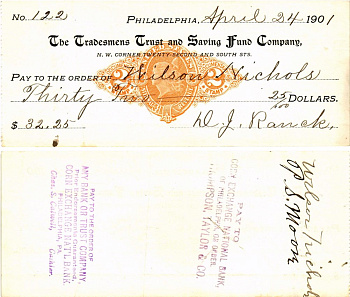 США чек на 32,25 долларов 1901 Филадельфия бумага 3295-78-1-2