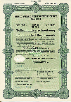 Германия 500 рейхсмарок 1942 АО Phrix-Werke, Гамбург, 4 1/2% облигация   бумага  8804-101-1