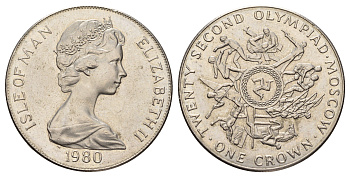 Остров Мэн 1 крона 1980 XXII летние Олимпийские Игры, Москва 1980, борцы вверху монеты KM 67 медно-никель BU 4125-932
