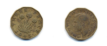 Великобритания 3 пенса 1945 Георг VI (1936-1952) KM 849, Spink 4112 никель латунь 4379-652