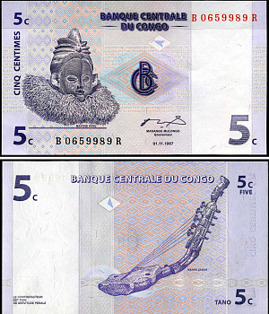 ДР Конго 5 сантимов 1997 маска суку, музыкальный инструмент занде Pick 81 a бумага UNC (пресс) 7183-14-4-1