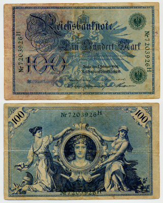 ГЕРМАНИЯ 100 МАРОК 1908 7 ФЕВРАЛЯ 1908, ЗЕЛЕНАЯ ПЕЧАТЬ, РЕПРИНТ (1918-1922) Pick 34 бумага 6317-9-2