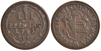 Висмар, Шведское правление (Шведская Померания) 3 пфеннига 1751 F, Адольф Фридрих (1751-1771) KM 1a медь 1527-543