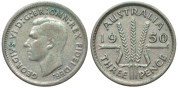 Австралия 3 пенса 1950 m, Георг VI (1937-1952), без букв KM 44 серебро 71-239